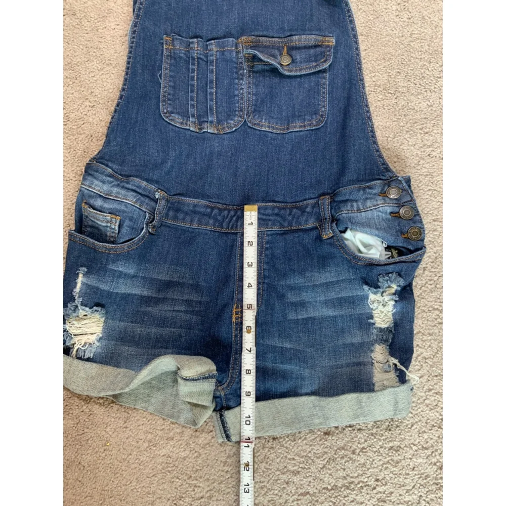 Machine Dark Wash Denim Overalls Shorts Blue Distressed Lg‎ Cabincore Fisherman